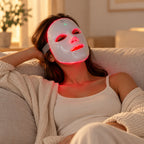 Mujer relajada en el sofá con la Máscara facial LED ELVYRA puesta y la luz roja encendida