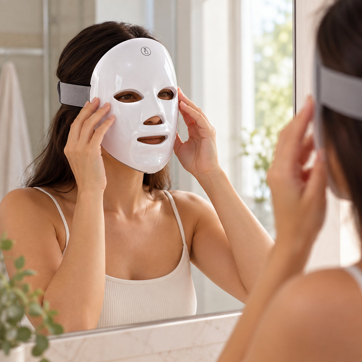 Mujer colocándose la Máscara facial LED ELVYRA frente al espejo, con la cinta elástica
