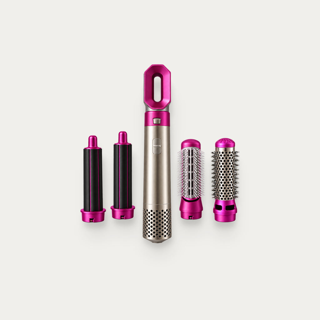Secador 5 en 1 ELVYRA con sus 4 accesorios, packshot de estudio sobre fondo gris cálido