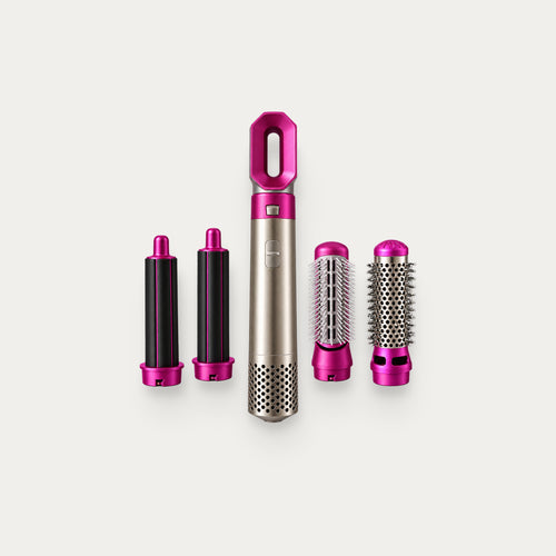 Secador 5 en 1 ELVYRA con sus 4 accesorios, packshot de estudio sobre fondo gris cálido