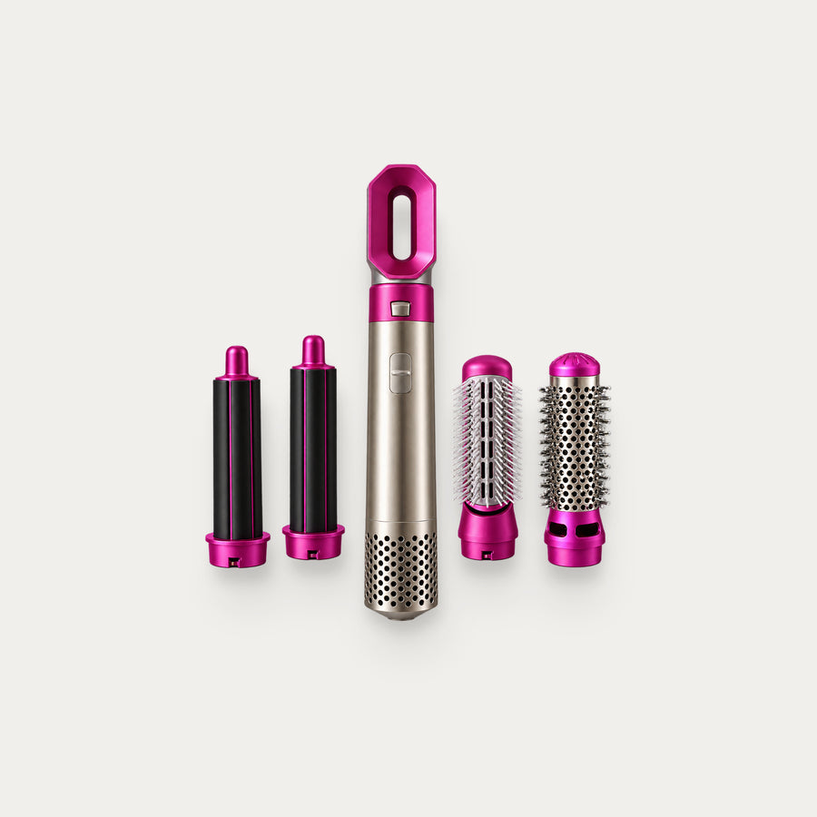 Secador 5 en 1 ELVYRA con sus 4 accesorios, packshot de estudio sobre fondo gris cálido